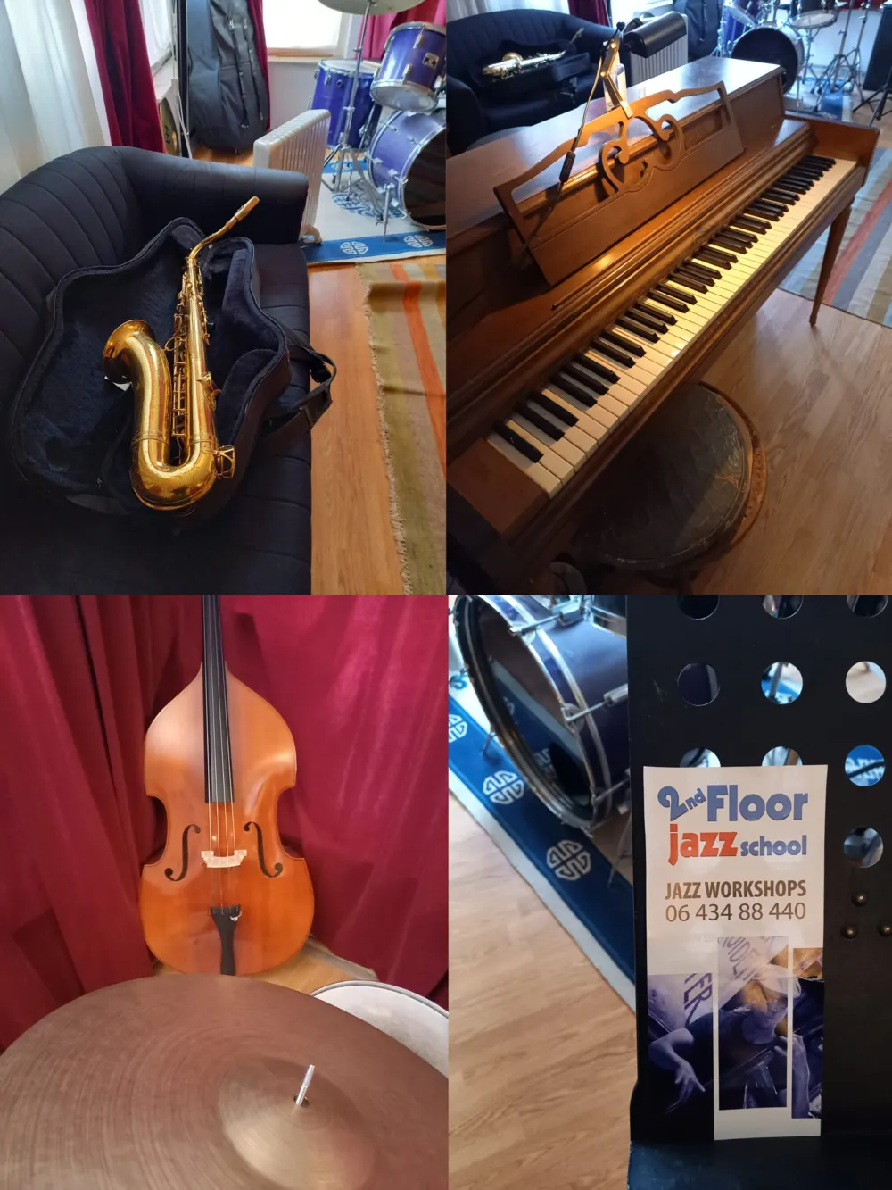 De studio van 2nd Floor Jazz School met saxofoon, piano, contrabas en drums